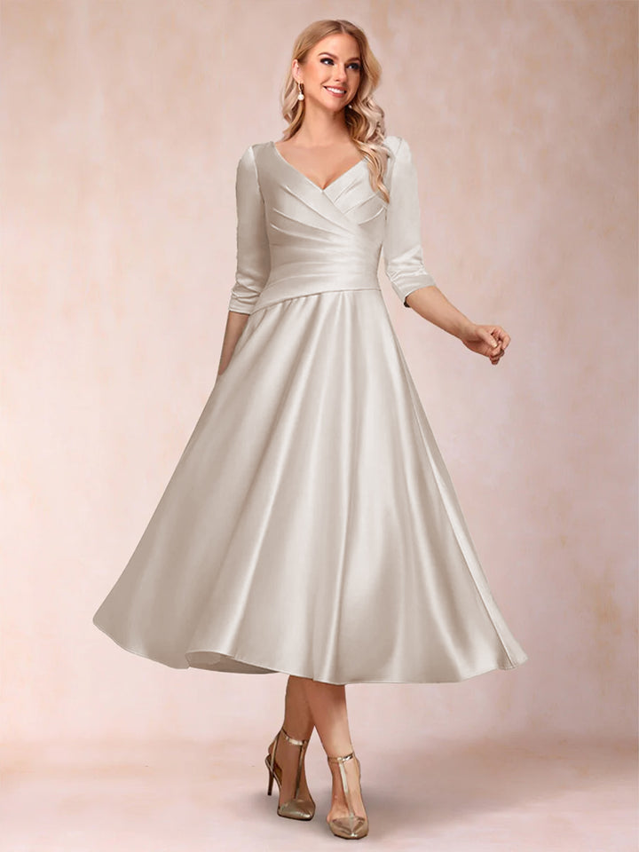 A-Line/Princess Tea-Length 3/4 Sleeves V-Neck Mother of the Bride Dresses