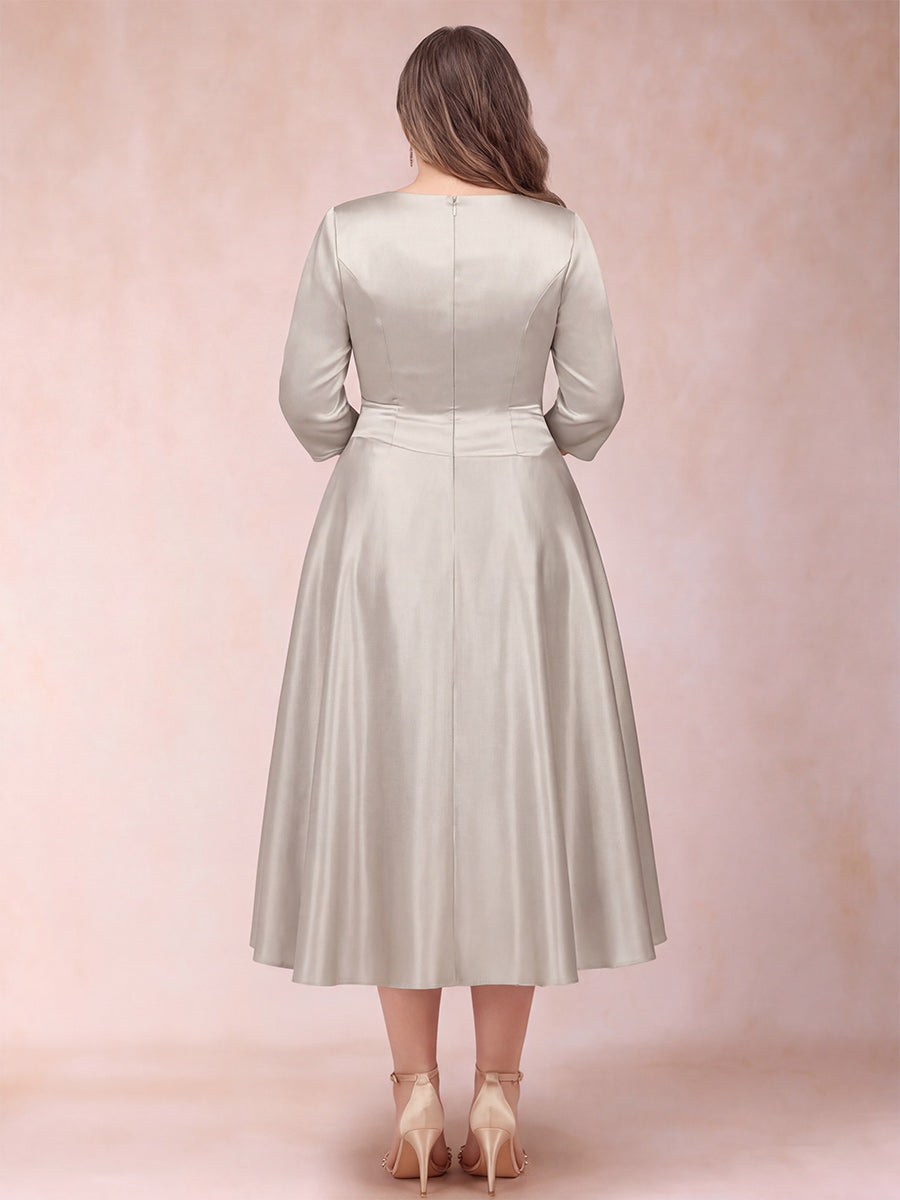 A-Line/Princess Tea-Length 3/4 Sleeves V-Neck Plus Size Mother of the Bride Dresses