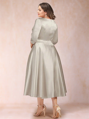 A-Line/Princess Tea-Length 3/4 Sleeves V-Neck Plus Size Mother of the Bride Dresses