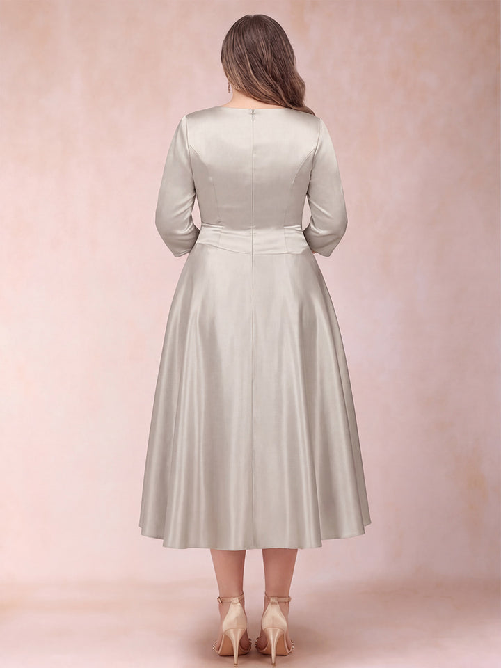 A-Line/Princess Tea-Length 3/4 Sleeves V-Neck Plus Size Mother of the Bride Dresses