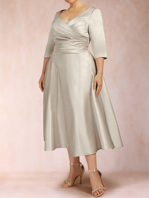 A-Line/Princess Tea-Length 3/4 Sleeves V-Neck Plus Size Mother of the Bride Dresses