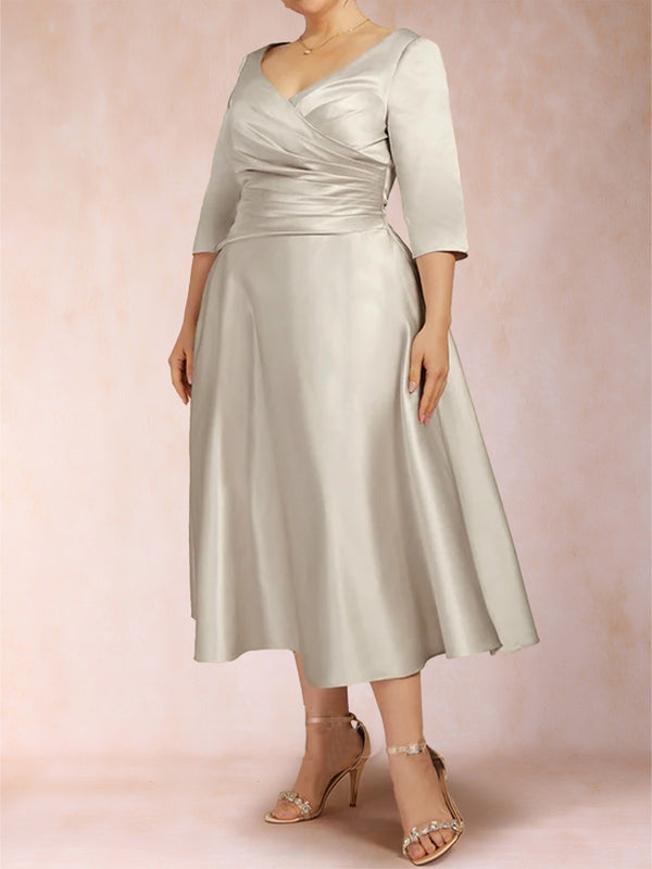 A-Line/Princess Tea-Length 3/4 Sleeves V-Neck Plus Size Mother of the Bride Dresses