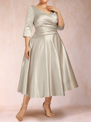 A-Line/Princess Tea-Length 3/4 Sleeves V-Neck Plus Size Mother of the Bride Dresses