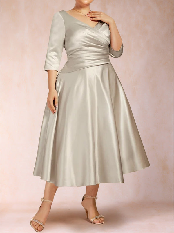 A-Line/Princess Tea-Length 3/4 Sleeves V-Neck Plus Size Mother of the Bride Dresses
