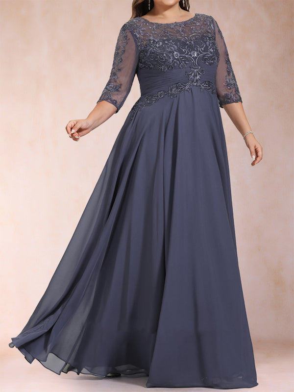 A-Line/Princess Floor-Length Half Sleeves Scoop Plus Size Mother of the Bride Dresses
