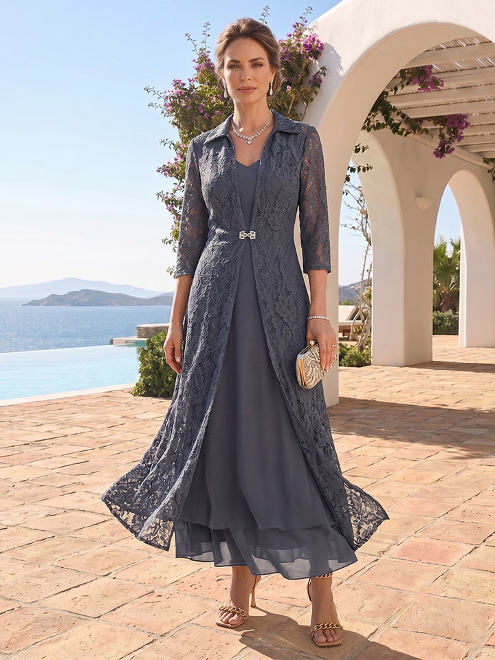 A-Line/Princess Tea-Length 3/4 Sleeves V-Neck Mother of the Bride Dresses