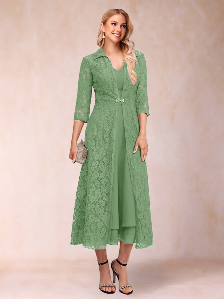 A-Line/Princess Tea-Length 3/4 Sleeves V-Neck Mother of the Bride Dresses