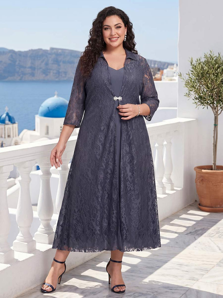 A-Line/Princess Tea-Length 3/4 Sleeves V-Neck Plus Size Mother of the Bride Dresses