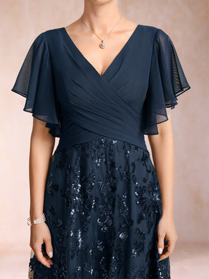 A-Line/Princess Floor-Length Short Sleeves V-Neck Mother of the Bride Dresses