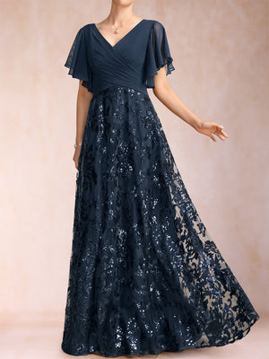 A-Line/Princess Floor-Length Short Sleeves V-Neck Mother of the Bride Dresses