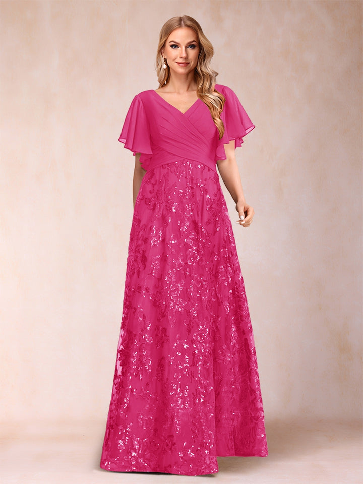 A-Line/Princess Floor-Length Short Sleeves V-Neck Mother of the Bride Dresses