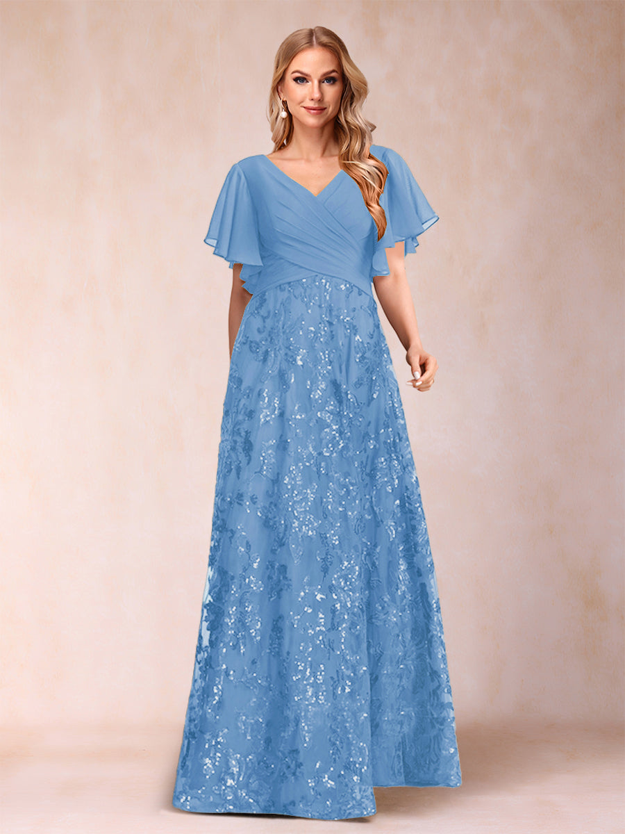 A-Line/Princess Floor-Length Short Sleeves V-Neck Mother of the Bride Dresses