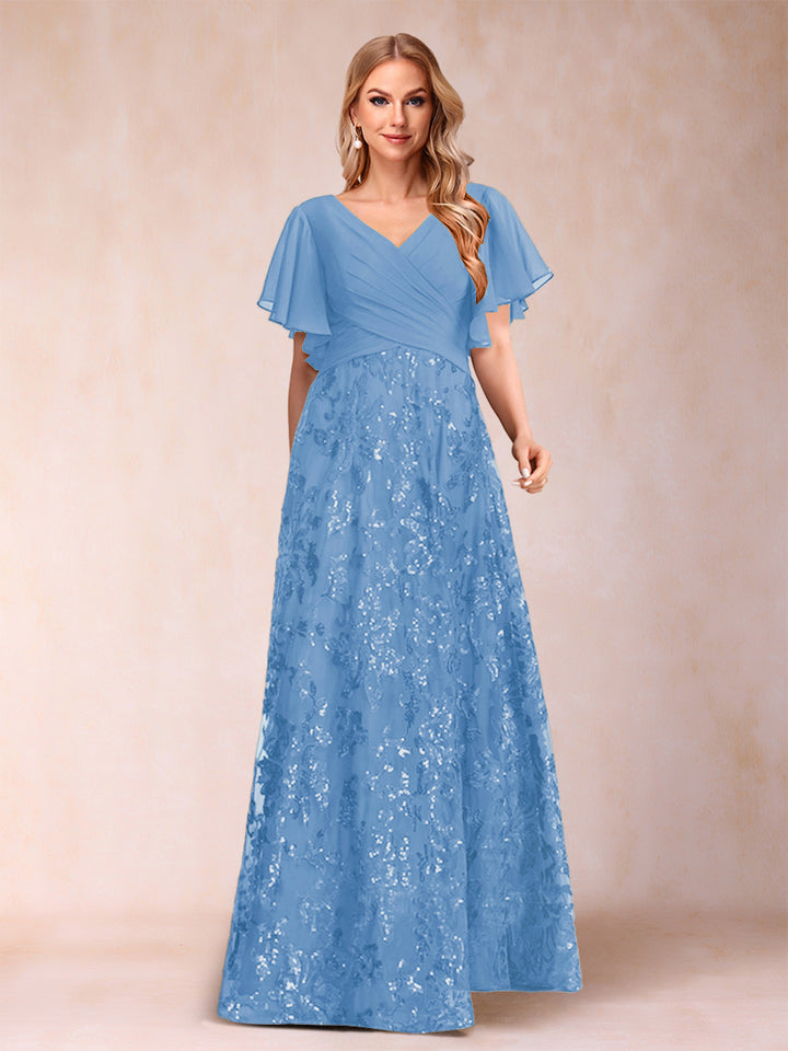 A-Line/Princess Floor-Length Short Sleeves V-Neck Mother of the Bride Dresses