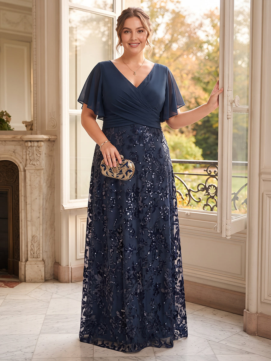 A-Line/Princess Floor-Length Short Sleeves V-Neck Plus Size Mother of the Bride Dresses