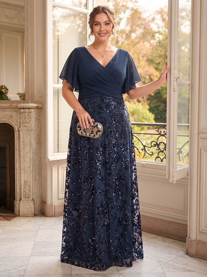 A-Line/Princess Floor-Length Short Sleeves V-Neck Plus Size Mother of the Bride Dresses