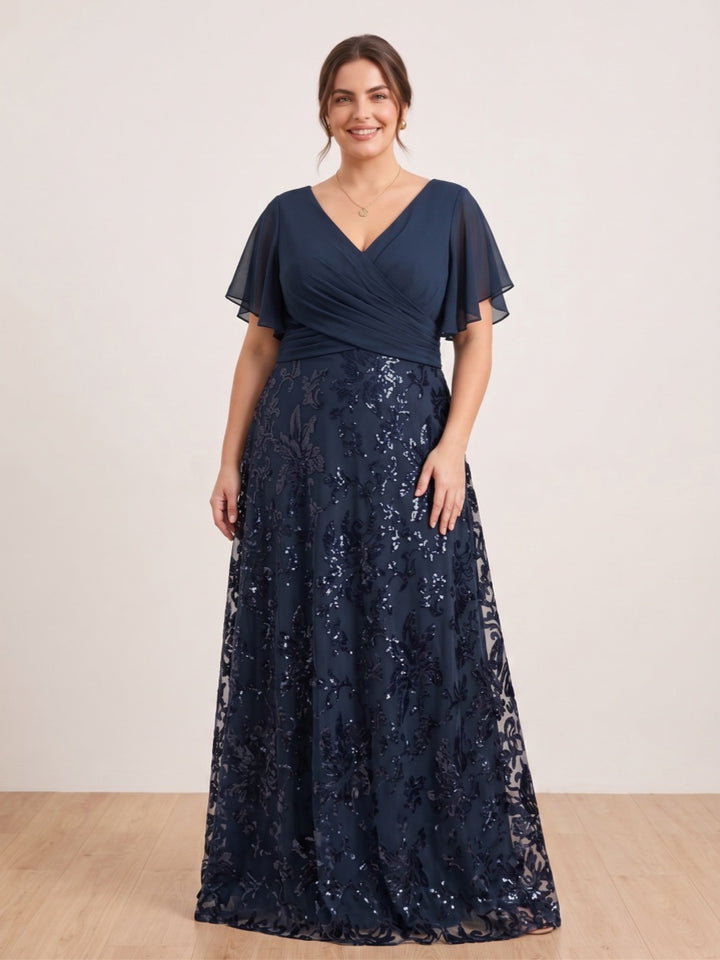 A-Line/Princess Floor-Length Short Sleeves V-Neck Plus Size Mother of the Bride Dresses