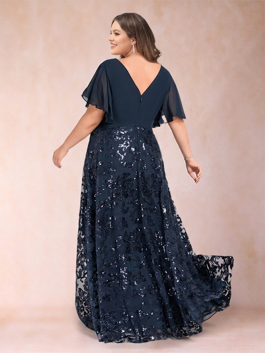 A-Line/Princess Floor-Length Short Sleeves V-Neck Plus Size Mother of the Bride Dresses