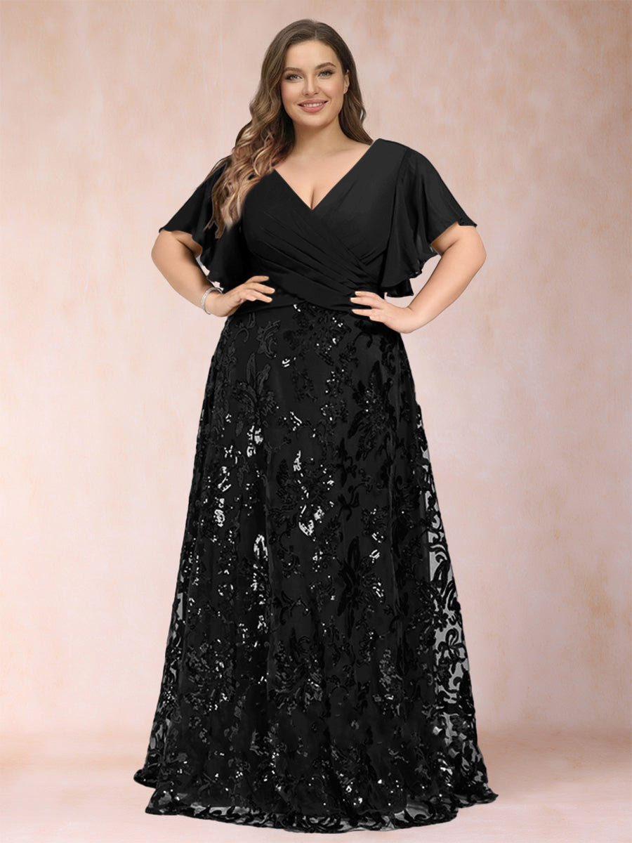 A-Line/Princess Floor-Length Short Sleeves V-Neck Plus Size Mother of the Bride Dresses
