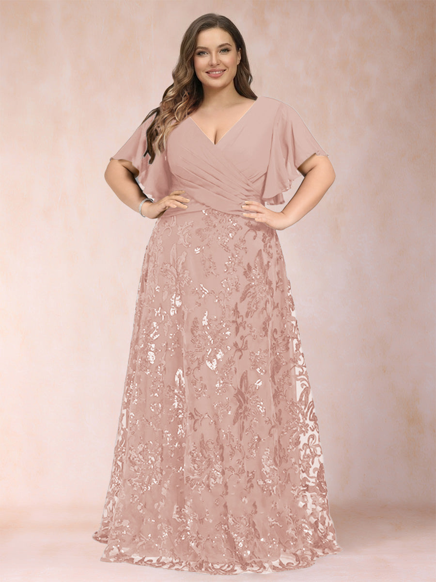 A-Line/Princess Floor-Length Short Sleeves V-Neck Plus Size Mother of the Bride Dresses