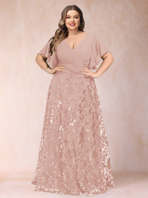 A-Line/Princess Floor-Length Short Sleeves V-Neck Plus Size Mother of the Bride Dresses