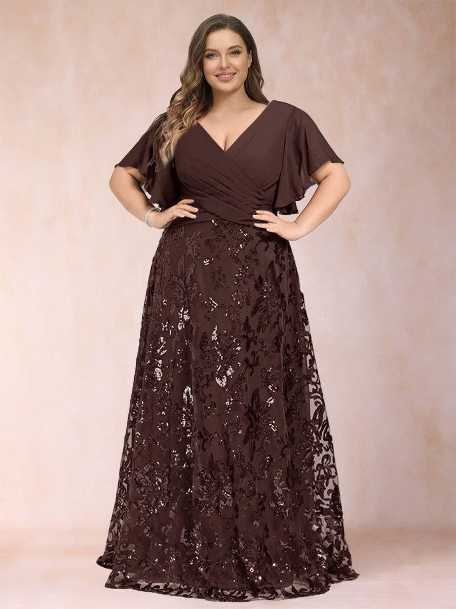 A-Line/Princess Floor-Length Short Sleeves V-Neck Plus Size Mother of the Bride Dresses