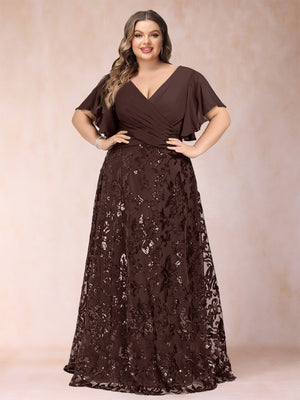 A-Line/Princess Floor-Length Short Sleeves V-Neck Plus Size Mother of the Bride Dresses
