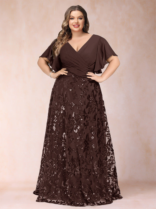 A-Line/Princess Floor-Length Short Sleeves V-Neck Plus Size Mother of the Bride Dresses