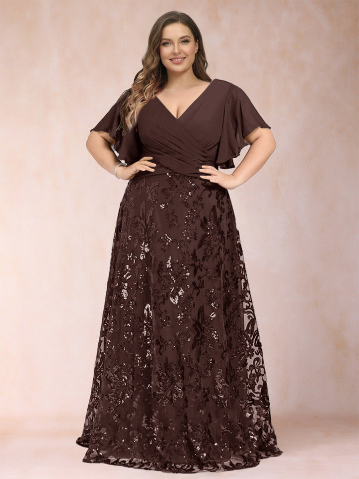 A-Line/Princess Floor-Length Short Sleeves V-Neck Plus Size Mother of the Bride Dresses