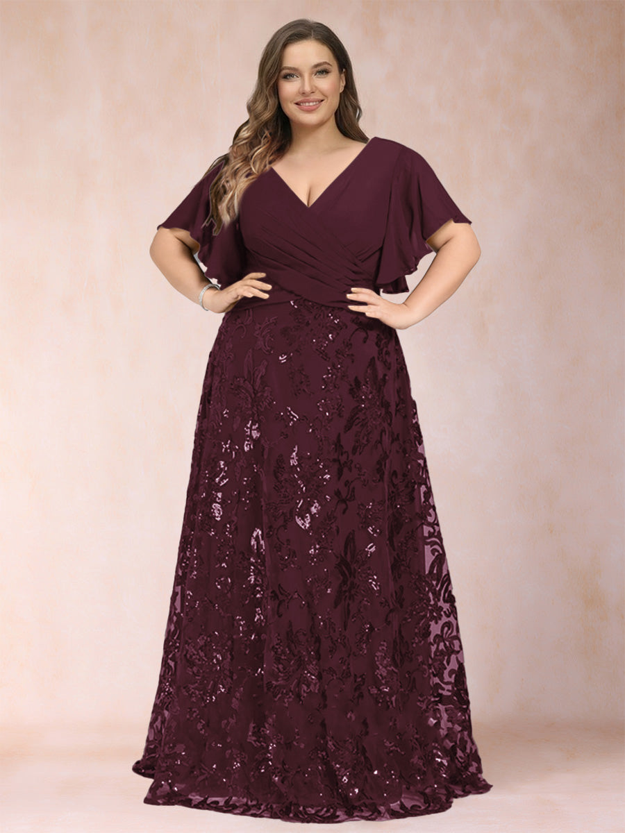 A-Line/Princess Floor-Length Short Sleeves V-Neck Plus Size Mother of the Bride Dresses