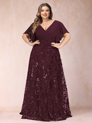 A-Line/Princess Floor-Length Short Sleeves V-Neck Plus Size Mother of the Bride Dresses
