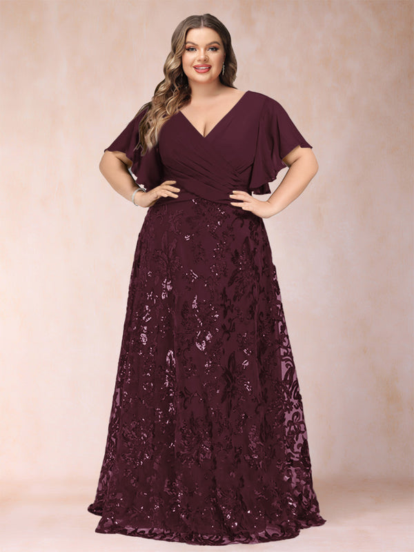 A-Line/Princess Floor-Length Short Sleeves V-Neck Plus Size Mother of the Bride Dresses