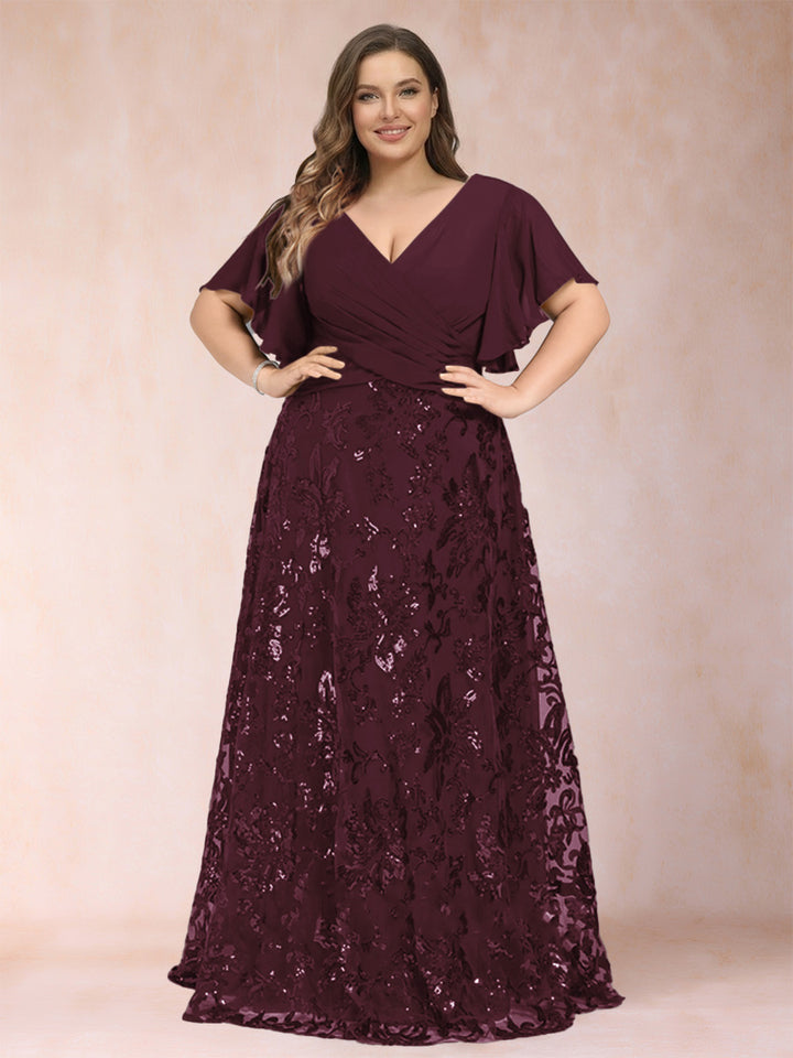 A-Line/Princess Floor-Length Short Sleeves V-Neck Plus Size Mother of the Bride Dresses