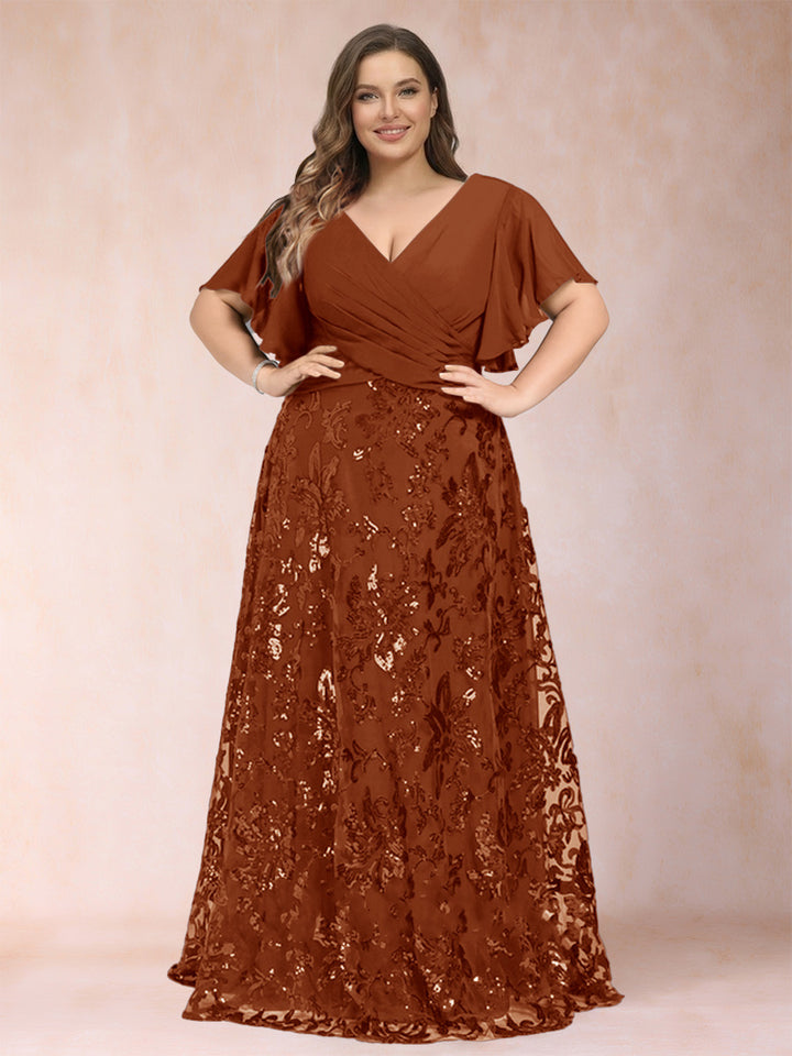 A-Line/Princess Floor-Length Short Sleeves V-Neck Plus Size Mother of the Bride Dresses