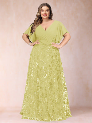 A-Line/Princess Floor-Length Short Sleeves V-Neck Plus Size Mother of the Bride Dresses