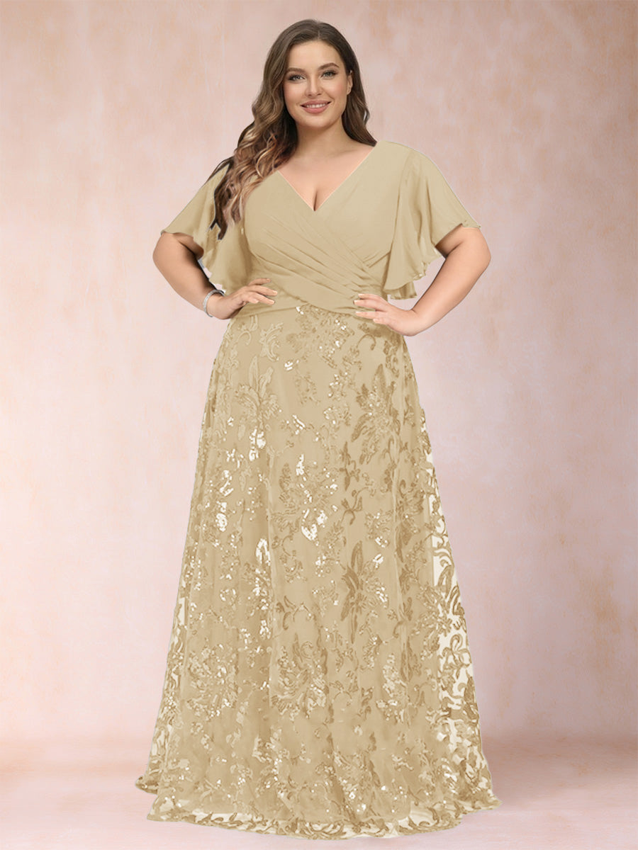 A-Line/Princess Floor-Length Short Sleeves V-Neck Plus Size Mother of the Bride Dresses