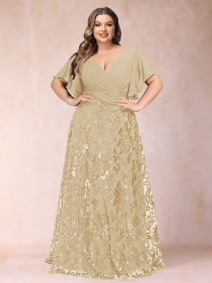 A-Line/Princess Floor-Length Short Sleeves V-Neck Plus Size Mother of the Bride Dresses