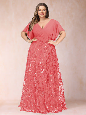 A-Line/Princess Floor-Length Short Sleeves V-Neck Plus Size Mother of the Bride Dresses