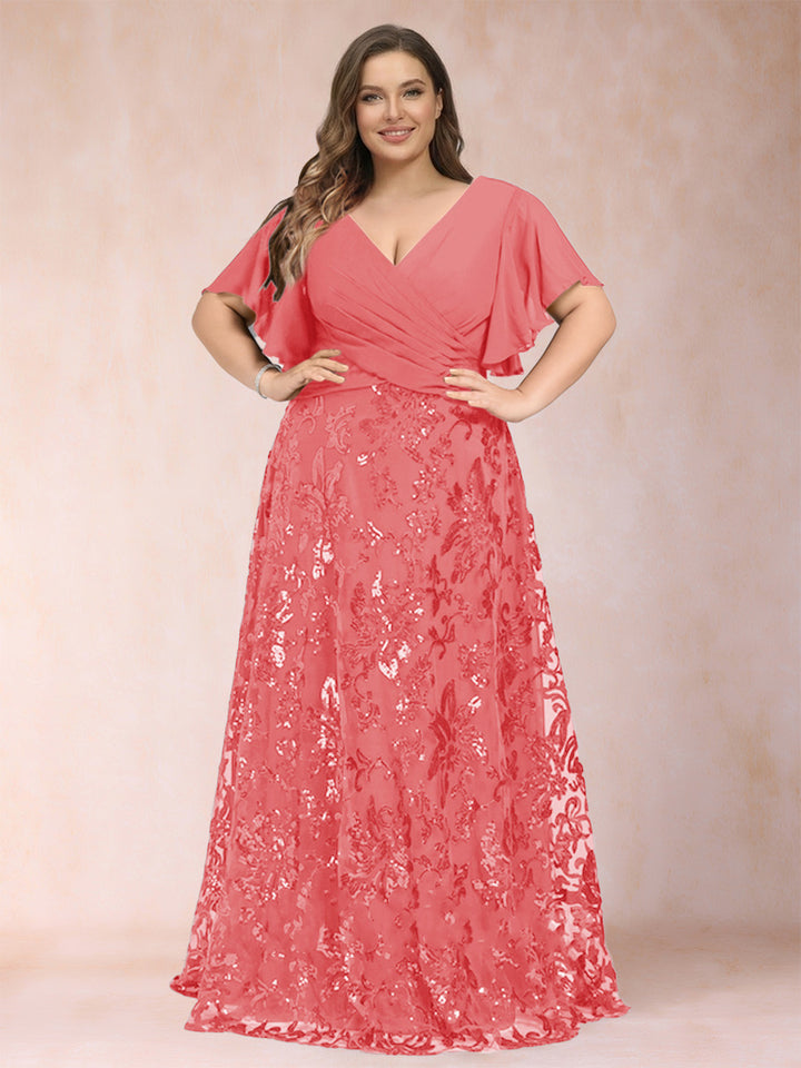 A-Line/Princess Floor-Length Short Sleeves V-Neck Plus Size Mother of the Bride Dresses