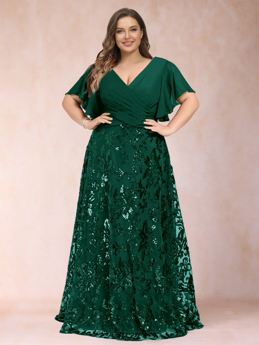 A-Line/Princess Floor-Length Short Sleeves V-Neck Plus Size Mother of the Bride Dresses
