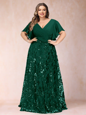 A-Line/Princess Floor-Length Short Sleeves V-Neck Plus Size Mother of the Bride Dresses