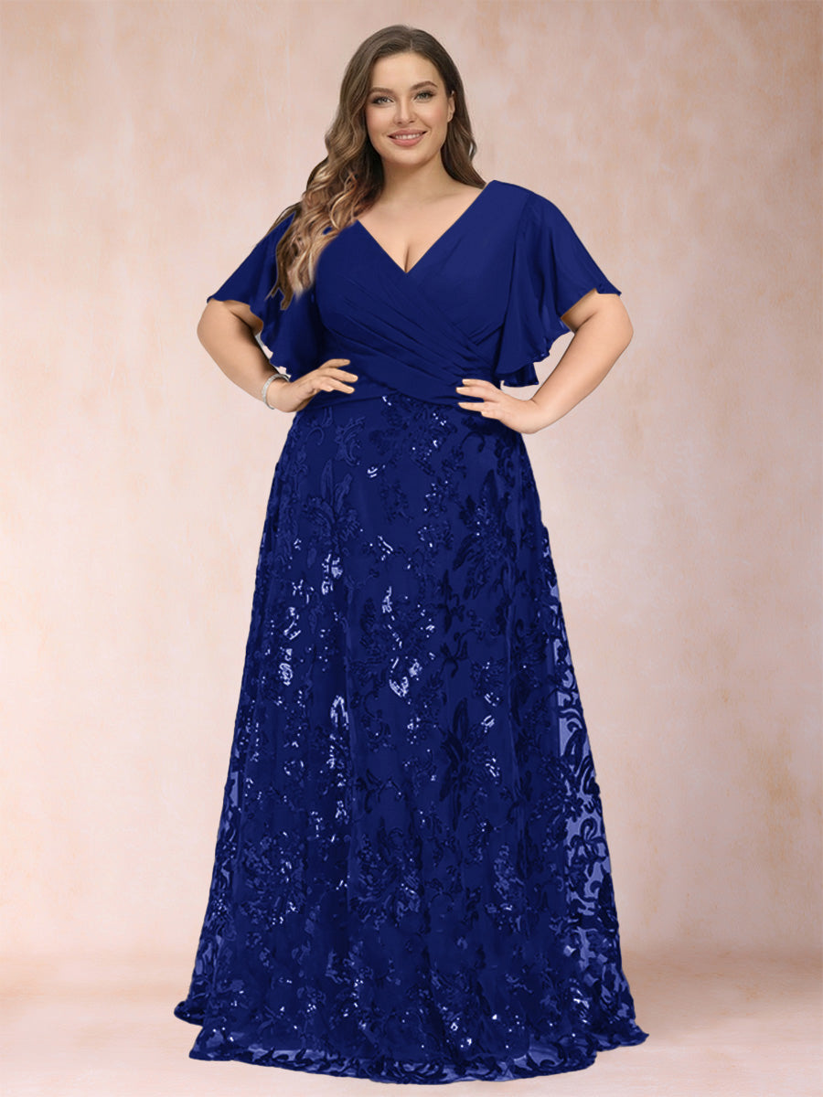 A-Line/Princess Floor-Length Short Sleeves V-Neck Plus Size Mother of the Bride Dresses