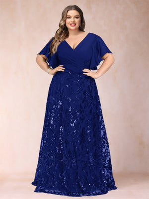 A-Line/Princess Floor-Length Short Sleeves V-Neck Plus Size Mother of the Bride Dresses