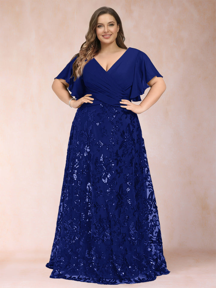 A-Line/Princess Floor-Length Short Sleeves V-Neck Plus Size Mother of the Bride Dresses
