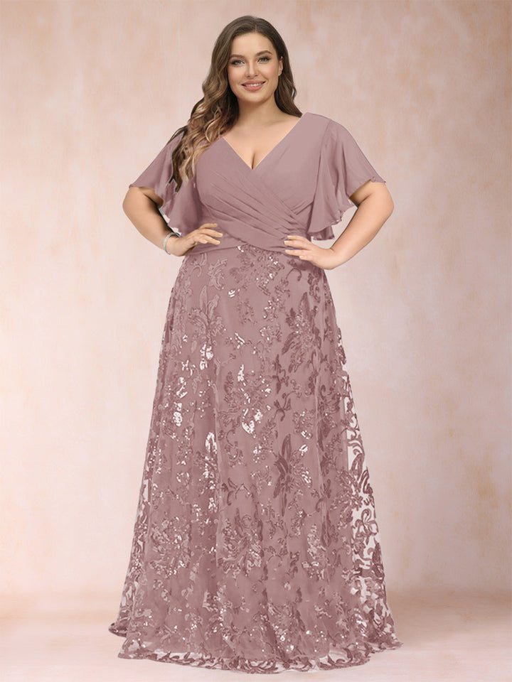 A-Line/Princess Floor-Length Short Sleeves V-Neck Plus Size Mother of the Bride Dresses