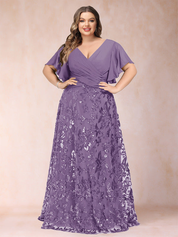 A-Line/Princess Floor-Length Short Sleeves V-Neck Plus Size Mother of the Bride Dresses