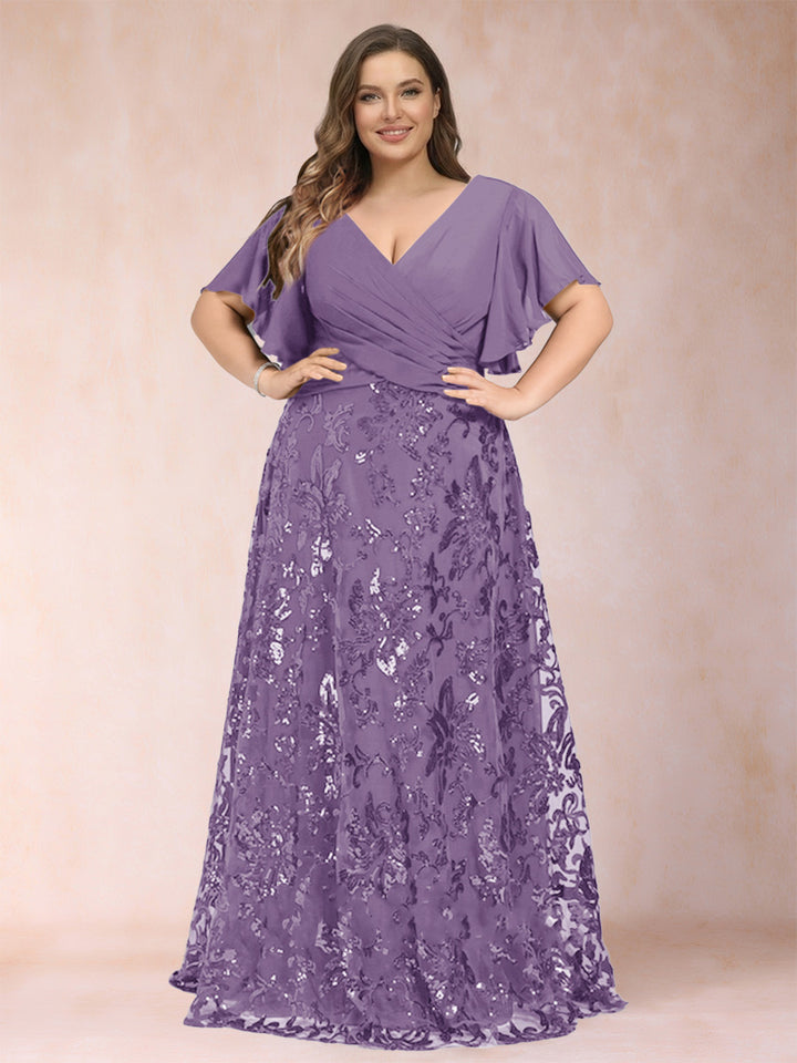 A-Line/Princess Floor-Length Short Sleeves V-Neck Plus Size Mother of the Bride Dresses