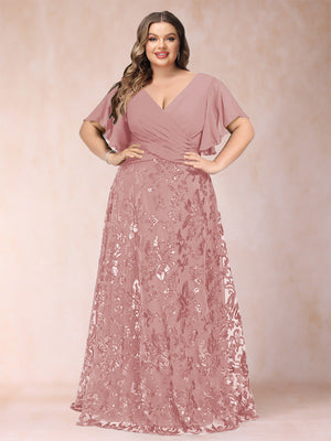 A-Line/Princess Floor-Length Short Sleeves V-Neck Plus Size Mother of the Bride Dresses