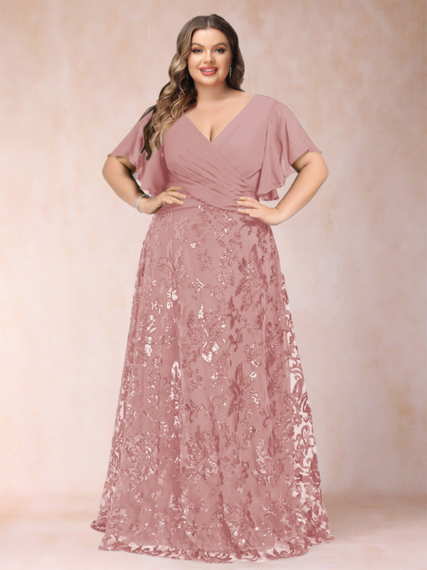 A-Line/Princess Floor-Length Short Sleeves V-Neck Plus Size Mother of the Bride Dresses