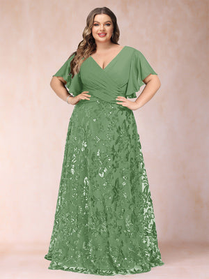 A-Line/Princess Floor-Length Short Sleeves V-Neck Plus Size Mother of the Bride Dresses