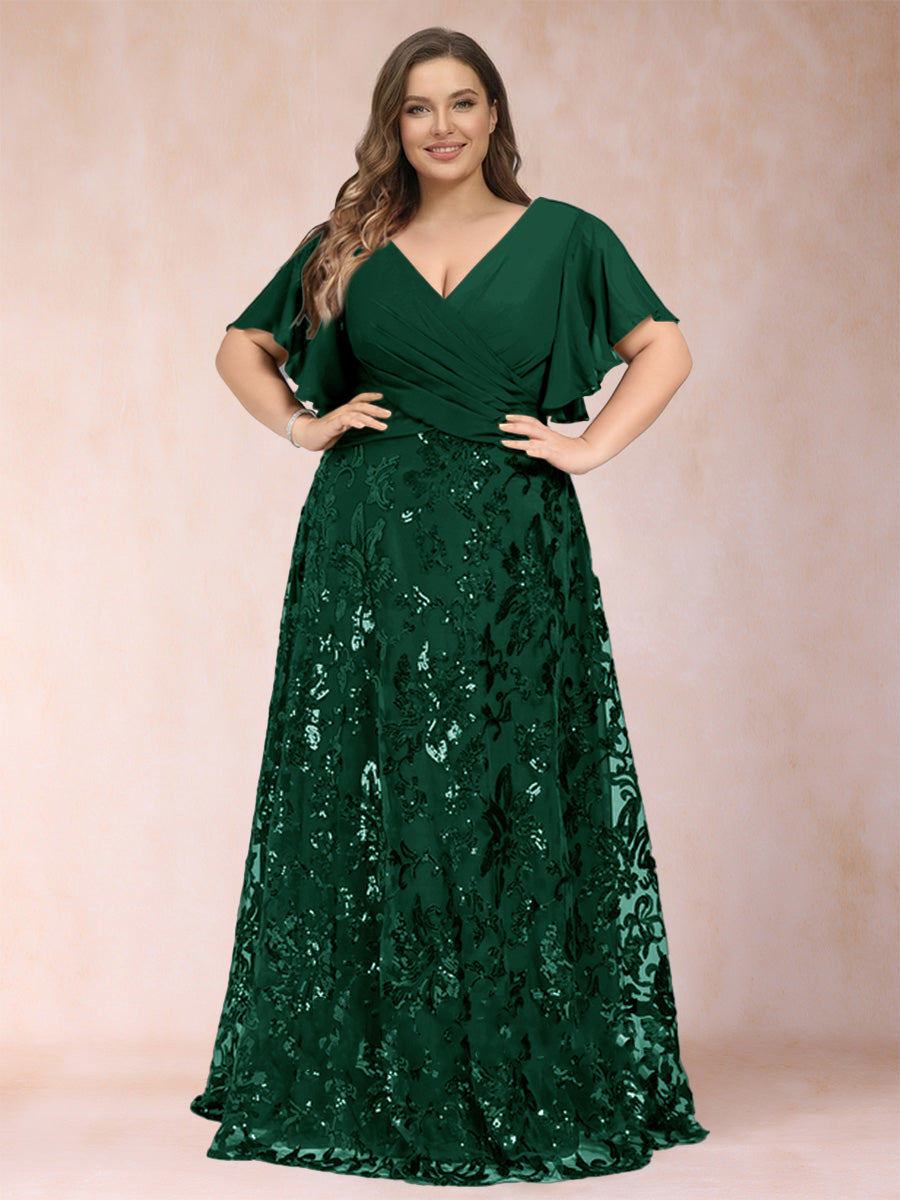 A-Line/Princess Floor-Length Short Sleeves V-Neck Plus Size Mother of the Bride Dresses